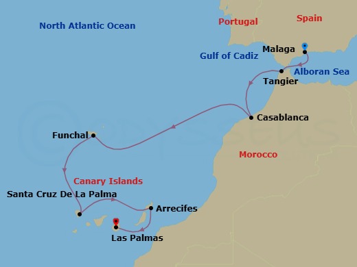 8 Night - Atlantic Odyssey from the Iberian Peninsula to the Canary Islands - Le Champlain - Starting in Malaga, Tangier, Casablanca, Funchal, Madeira, Santa Cruz de La Palma, Arrecife de Lanzarote, Canary Islands, Las Palmas de Gran Canaria, Canary Islands itinerary map
