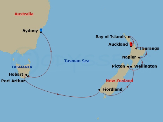 14 Night - Australia & New Zealand - Royal Princess - Starting in Sydney AU, Port Arthur, Australia, Hobart, Australia, Fiordland National Park (Scenic Cruising), Wellington, New Zealand, Picton, New Zealand, Napier, New Zealand, Tauranga, New Zealand, Bay of Islands, New Zealand, Auckland, New Zealand itinerary map