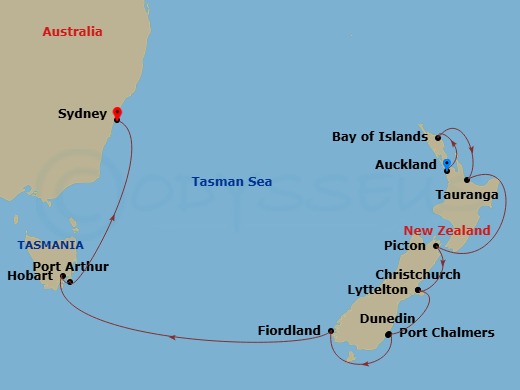13 Night - Australia & New Zealand - Royal Princess - Starting in Auckland, New Zealand, Bay of Islands, New Zealand, Tauranga, New Zealand, Picton, New Zealand, Christchurch (Lyttelton), New Zealand, Dunedin (Port Chalmers), New Zealand, Fiordland National Park (Scenic Cruising), Hobart, Australia, Port Arthur, Australia, Sydney AU itinerary map