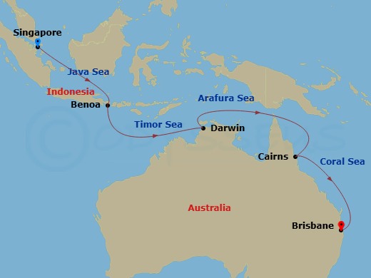 13 Night - Asia & Australia - Royal Princess - Starting in Singapore, Bali (Benoa), Indonesia, Darwin, Australia, Yorkeys Knob (Cairns), Australia, Brisbane, Australia itinerary map