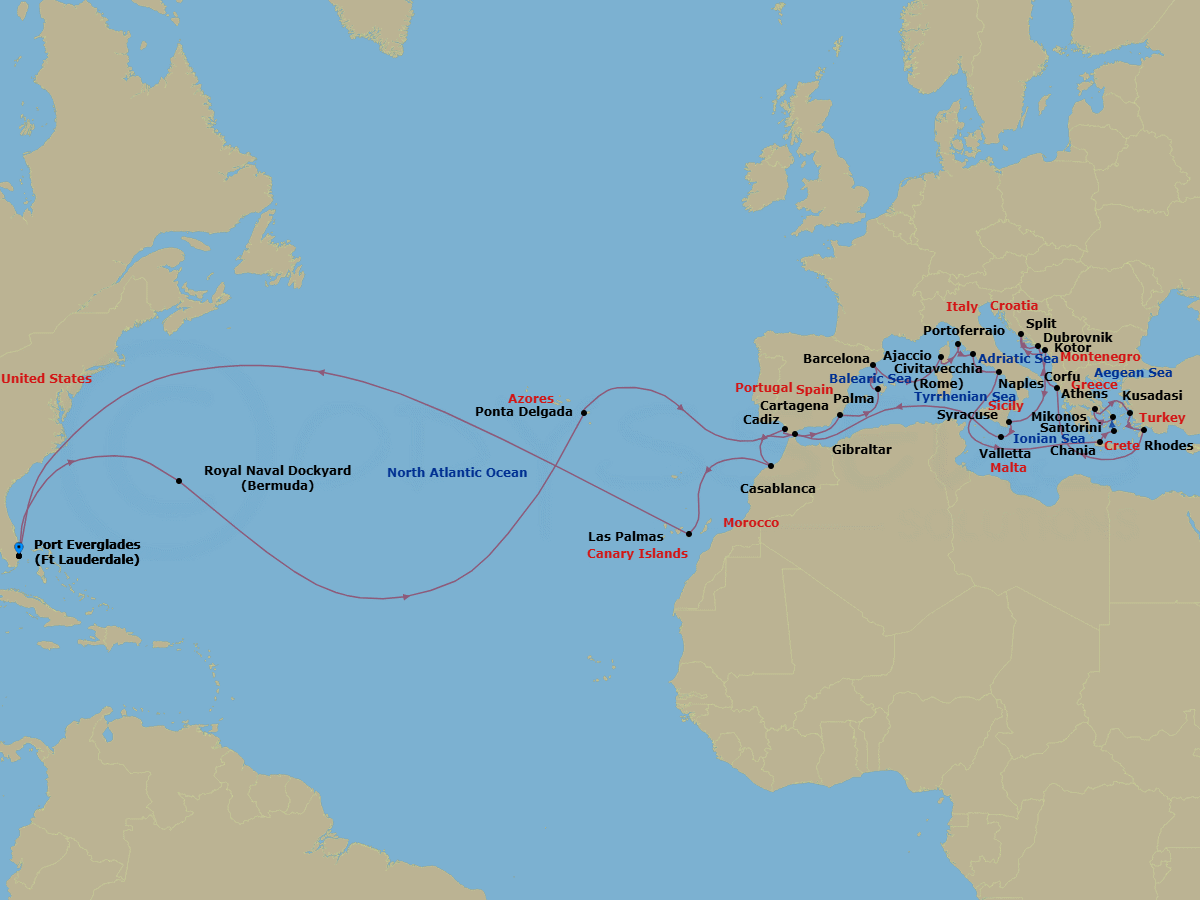 50 Night - Grand Mediterranean Odyssey - Island Princess - Starting in Fort Lauderdale, Florida, Bermuda, Azores Islands (Ponta Delgada), Portugal, Seville (Cadiz), Spain, Cartagena ES, Mallorca (Palma), Spain, Barcelona, Spain, Corsica (Ajaccio), France, Elba (Portoferraio), Italy, Civitavecchia (for Rome), Italy, Naples, Italy (for Capri and Pompeii), Crete (Chania), Greece, Santorini, Greece, Mykonos, Greece, Athens (Piraeus), Greece, Kusadasi, Turkey (for Ephesus), Rhodes, Greece, Corfu, Greece, Kotor, Montenegro, Split, Croatia, Dubrovnik, Croatia, Siracusa, Italy, Valletta, Malta, Gibraltar, Casablanca, Morocco (for Marrakesh), Gran Canaria (Las Palmas), Canary Islands, Fort Lauderdale, Florida itinerary map