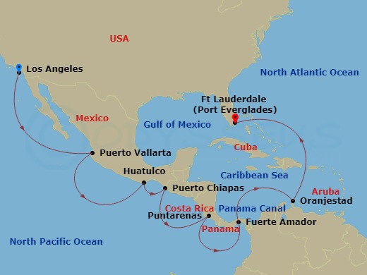 16 Night - Panama Canal - Ocean to Ocean - Island Princess - Starting in Los Angeles, California, Puerto Vallarta, Mexico, Huatulco, Mexico, Puerto Chiapas, Mexico, Puntarenas, Costa Rica, Fuerte Amador, Panama (for Panama City), Panama Canal Full Transit Historic Locks, Aruba, Fort Lauderdale, Florida itinerary map