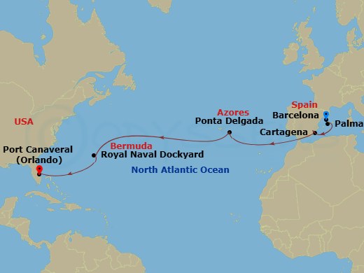 13 Night - Spain, & Bermuda Transatlantic - Explorer of the Seas - Starting in Barcelona, Spain, Palma De Mallorca, Spain, Cartagena ES, Ponta Delgada, Azores, Royal Naval Dockyard, Bermuda, Orlando (Port Canaveral), Fl itinerary map