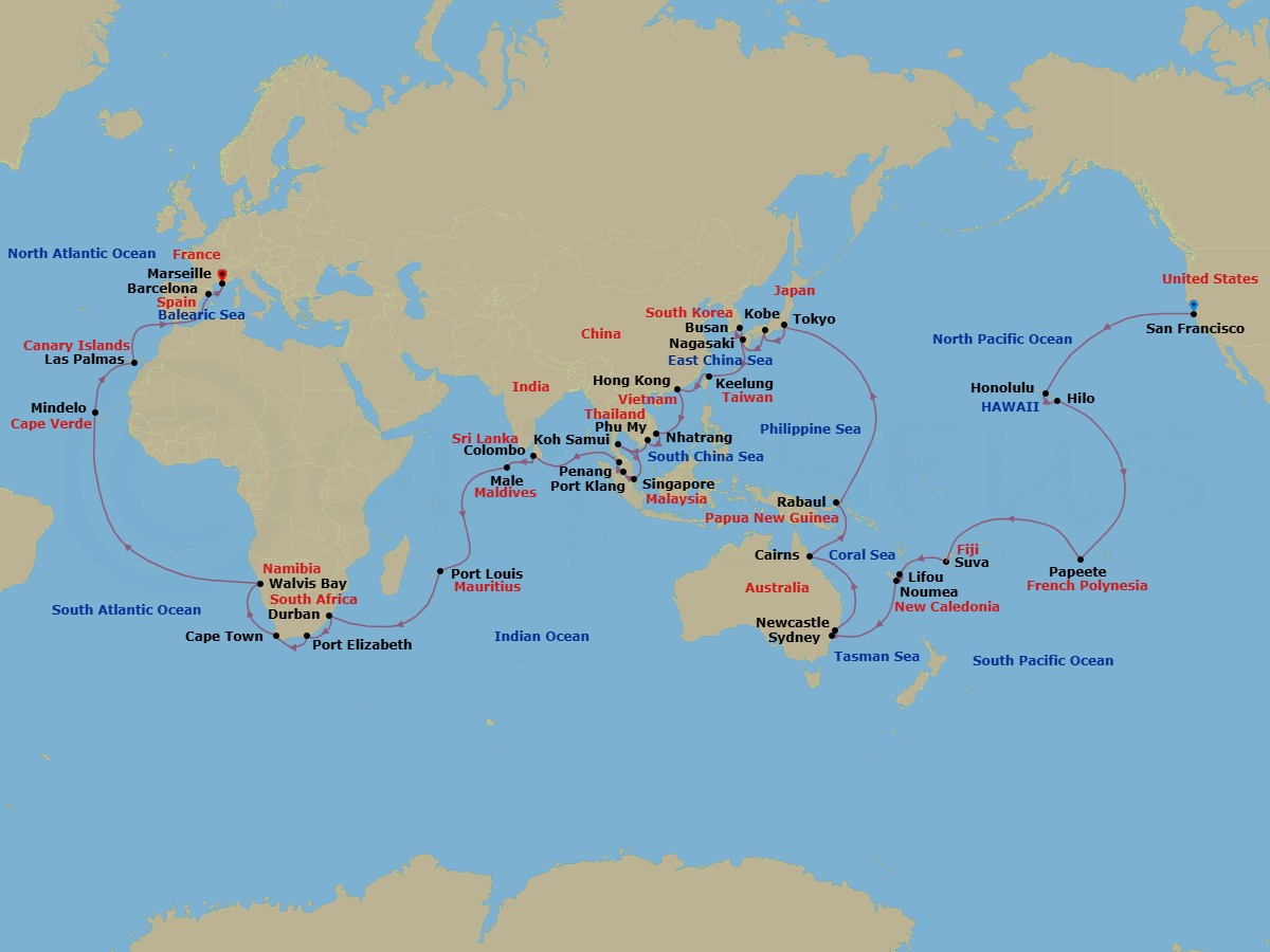98 Night - Round World from San Francisco - Costa Deliziosa - Starting in San Francisco, Honolulu, Hilo, Papeete (Tahiti), Suva, Lifou (Loyalty Islands), Noumea, Sydney AU, Newcastle UK, New South Wales, Cairns, Rabaul, Tokyo, Kobe (Kyoto), Nagasaki, Busan, Keelung (Taipei), Hong Kong, Nha Trang, Phu My (Ho Chi Minh City), Koh Samui, Singapore, Port Kelang (Kuala Lumpur), Penang, Colombo, Male, Port Louis, Durban, Port Elizabeth ZA, Cape Town, Walvis Bay, Mindelo (Sao Vicente), Las Palmas (Gran Canaria), Barcelona, Marseille itinerary map
