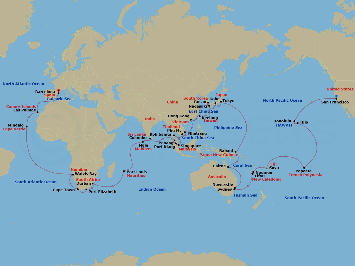 97 Night - Round World from San Francisco - Costa Deliziosa - Starting in San Francisco, Honolulu, Hilo, Papeete (Tahiti), Suva, Lifou (Loyalty Islands), Noumea, Sydney AU, Newcastle UK, New South Wales, Cairns, Rabaul, Tokyo, Kobe (Kyoto), Nagasaki, Busan, Keelung (Taipei), Hong Kong, Nha Trang, Phu My (Ho Chi Minh City), Koh Samui, Singapore, Port Kelang (Kuala Lumpur), Penang, Colombo, Male, Port Louis, Durban, Port Elizabeth ZA, Cape Town, Walvis Bay, Mindelo (Sao Vicente), Las Palmas (Gran Canaria), Barcelona itinerary map