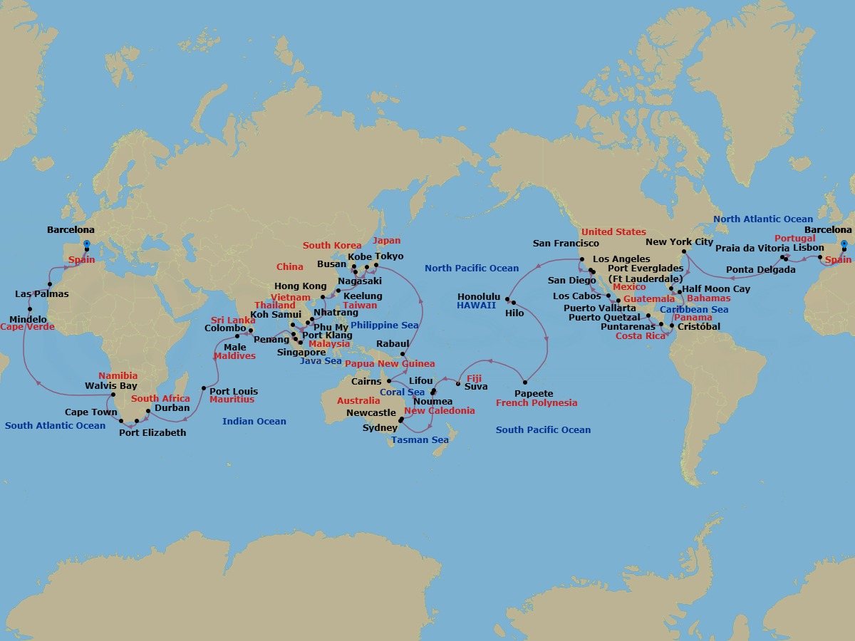134 Night - Round World from Barcelona - Costa Deliziosa - Starting in Barcelona, Lisbon, Ponta Delgada (Azores), Praia da Vitoria (Azores), New York, Port Everglades, Half Moon Cay, Panama City, Puntarenas, Puerto Quetzal, Puerto Vallarta, Cabo San Lucas, San Diego, Los Angeles, San Francisco, Honolulu, Hilo, Papeete (Tahiti), Suva, Lifou (Loyalty Islands), Noumea, Sydney AU, Newcastle UK, New South Wales, Cairns, Rabaul, Tokyo, Kobe (Kyoto), Nagasaki, Busan, Keelung (Taipei), Hong Kong, Nha Trang, Phu My (Ho Chi Minh City), Koh Samui, Singapore, Port Kelang (Kuala Lumpur), Penang, Colombo, Male, Port Louis, Durban, Port Elizabeth ZA, Cape Town, Walvis Bay, Mindelo (Sao Vicente), Las Palmas (Gran Canaria), Barcelona itinerary map
