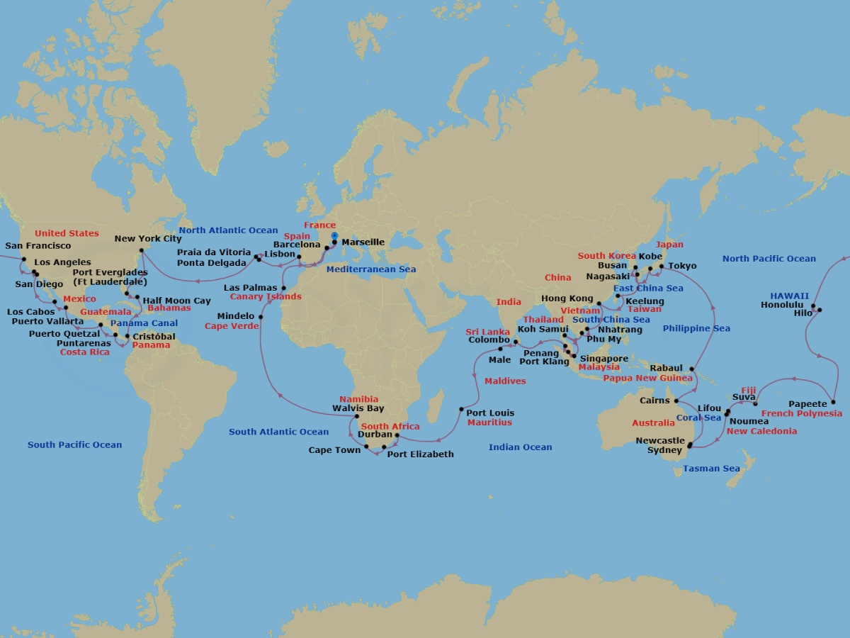 136 Night - Round World from Marseille - Costa Deliziosa - Starting in Marseille, Barcelona, Lisbon, Ponta Delgada (Azores), Praia da Vitoria (Azores), New York, Port Everglades, Half Moon Cay, Panama City, Puntarenas, Puerto Quetzal, Puerto Vallarta, Cabo San Lucas, San Diego, Los Angeles, San Francisco, Honolulu, Hilo, Papeete (Tahiti), Suva, Lifou (Loyalty Islands), Noumea, Sydney AU, Newcastle UK, New South Wales, Cairns, Rabaul, Tokyo, Kobe (Kyoto), Nagasaki, Busan, Keelung (Taipei), Hong Kong, Nha Trang, Phu My (Ho Chi Minh City), Koh Samui, Singapore, Port Kelang (Kuala Lumpur), Penang, Colombo, Male, Port Louis, Durban, Port Elizabeth ZA, Cape Town, Walvis Bay, Mindelo (Sao Vicente), Las Palmas (Gran Canaria), Barcelona, Marseille itinerary map