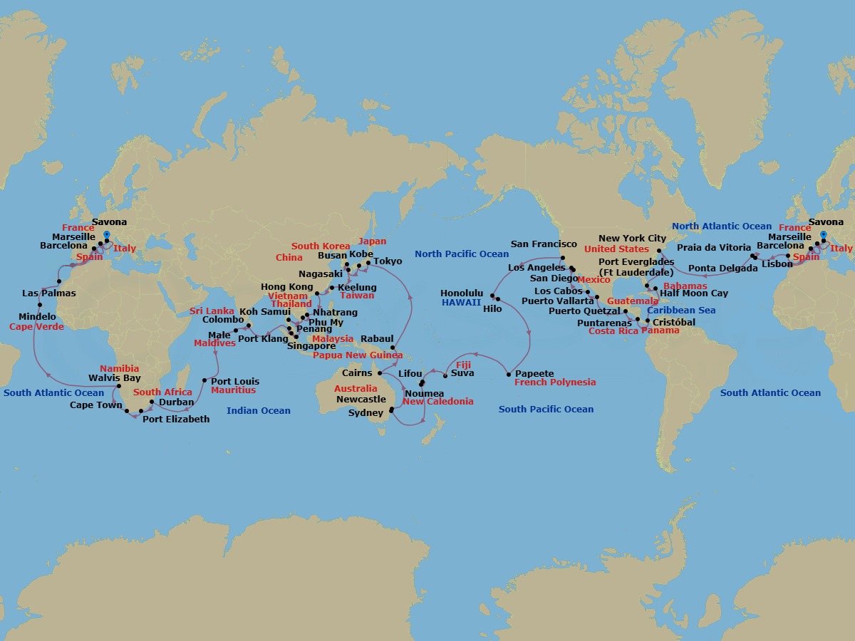 138 Night - Round World from Savona - Costa Deliziosa - Starting in Savona, Marseille, Barcelona, Lisbon, Ponta Delgada (Azores), Praia da Vitoria (Azores), New York, Port Everglades, Half Moon Cay, Panama City, Puntarenas, Puerto Quetzal, Puerto Vallarta, Cabo San Lucas, San Diego, Los Angeles, San Francisco, Honolulu, Hilo, Papeete (Tahiti), Suva, Lifou (Loyalty Islands), Noumea, Sydney AU, Newcastle UK, New South Wales, Cairns, Rabaul, Tokyo, Kobe (Kyoto), Nagasaki, Busan, Keelung (Taipei), Hong Kong, Nha Trang, Phu My (Ho Chi Minh City), Koh Samui, Singapore, Port Kelang (Kuala Lumpur), Penang, Colombo, Male, Port Louis, Durban, Port Elizabeth ZA, Cape Town, Walvis Bay, Mindelo (Sao Vicente), Las Palmas (Gran Canaria), Barcelona, Marseille, Savona itinerary map