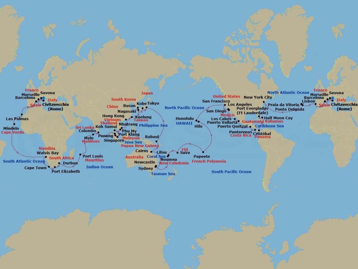 140 Night - Round World from Civitavecchia - Costa Deliziosa - Starting in Civitavecchia (Rome), Savona, Marseille, Barcelona, Lisbon, Ponta Delgada (Azores), Praia da Vitoria (Azores), New York, Port Everglades, Half Moon Cay, Panama City, Puntarenas, Puerto Quetzal, Puerto Vallarta, Cabo San Lucas, San Diego, Los Angeles, San Francisco, Honolulu, Hilo, Papeete (Tahiti), Suva, Lifou (Loyalty Islands), Noumea, Sydney AU, Newcastle UK, New South Wales, Cairns, Rabaul, Tokyo, Kobe (Kyoto), Nagasaki, Busan, Keelung (Taipei), Hong Kong, Nha Trang, Phu My (Ho Chi Minh City), Koh Samui, Singapore, Port Kelang (Kuala Lumpur), Penang, Colombo, Male, Port Louis, Durban, Port Elizabeth ZA, Cape Town, Walvis Bay, Mindelo (Sao Vicente), Las Palmas (Gran Canaria), Barcelona, Marseille, Savona, Civitavecchia (Rome) itinerary map
