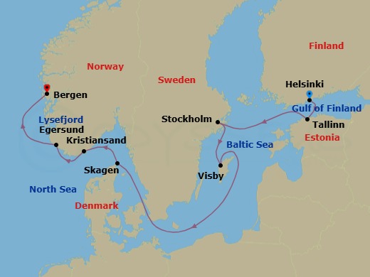 10 Night - Jazz Festival, from the Baltic to the North Sea - Le Commandant Charcot - Starting in Helsinki, Tallinn, Stockholm, Visby, Gotland, Skagen, Kristiansand, Egersund, Sailing in Lysefjorden, Bergen itinerary map