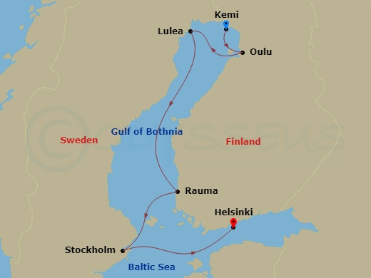 8 Night - The Gulf of Bothnia, at the Gateway to the Arctic - Le Commandant Charcot - Starting in Kemi, Oulu, Lulea, Rauma, Stockholm, Helsinki itinerary map