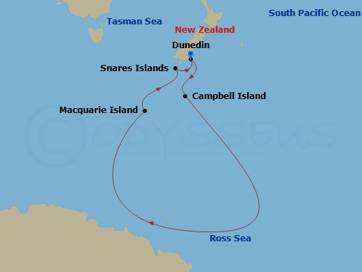 21 Night - Scott & Shackleton's Antarctic - Ross Sea Expedition - Le Soleal - Starting in Dunedin, Enderby Island, Auckland Islands, Ross Sea Region, Macquarie Island, The Snares, Dunedin itinerary map