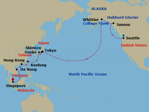 26 Night - Southeast Asia, Japan & Alaska Grand Adventure - Royal Princess - Starting in Seattle, Washington, Juneau, Alaska, Hubbard Glacier (Scenic Cruising), Alaska, College Fjord (Scenic Cruising), Alaska, Anchorage (Whittier), Alaska, Cross International Date Line, Tokyo, Japan, Shimizu (for Mount Fuji), Japan, Osaka (for Kyoto), Japan, Taipei (Keelung), Hong Kong, Da Nang / Hue (Chan May), Vietnam itinerary map