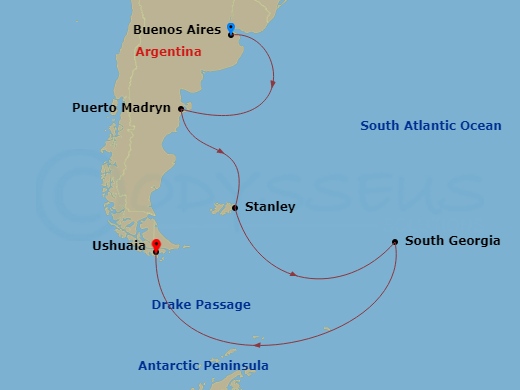 18 Night - Journey to Austral Lands and Valdes Peninsula - Le Boreal - Starting in Buenos Aires, Puerto Madryn, Port Stanley, Falkland Islands, South Georgia, Antarctic Peninsula, Crossing the Drake Passage, Ushuaia itinerary map