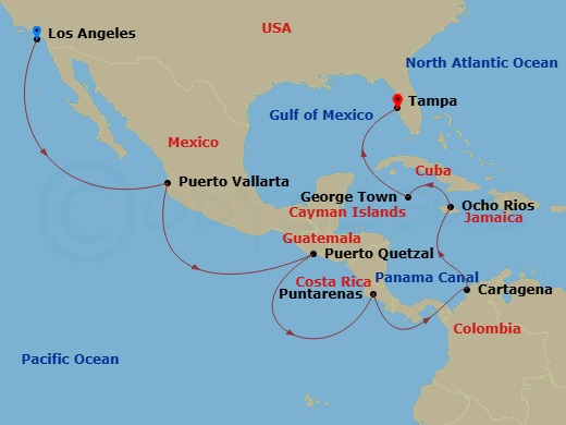 17 Night - Panama Canal Eastbound Cruise - Celebrity Summit - Starting in Los Angeles, California, Puerto Vallarta, Mexico, Puerto Quetzal, Guatemala, Puntarenas, Costa Rica, Panama Canal (Cruising), Cartagena CO, Ocho Rios, Jamaica, George Town, Grand Cayman, Tampa, Florida itinerary map