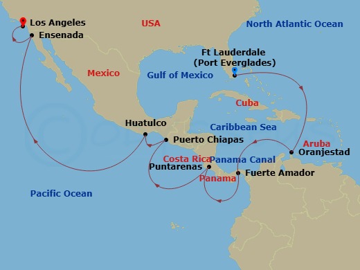 16 Night - Panama Canal - Ocean to Ocean - Island Princess - Starting in Fort Lauderdale, Florida, Aruba, Panama Canal Full Transit Historic Locks, Fuerte Amador, Panama (for Panama City), Puntarenas, Costa Rica, Puerto Chiapas, Mexico, Huatulco, Mexico, Ensenada, Mexico, Los Angeles, California itinerary map