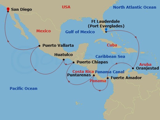 16 Night - Panama Canal - Ocean to Ocean - Island Princess - Starting in Fort Lauderdale, Florida, Aruba, Panama Canal Full Transit Historic Locks, Fuerte Amador, Panama (for Panama City), Puntarenas, Costa Rica, Puerto Chiapas, Mexico, Huatulco, Mexico, Puerto Vallarta, Mexico, San Diego, California itinerary map