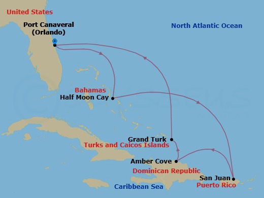 8 Night - Eastern Caribbean with Puerto Rico - Sky Princess - Starting in Port Canaveral (Orlando), Florida, Relaxaway, Half Moon Cay, San Juan, Puerto Rico, Amber Cove, Dominican Republic, Grand Turk, Turks and Caicos, Port Canaveral (Orlando), Florida itinerary map