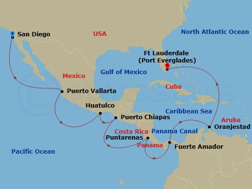 16 Night - Panama Canal - Ocean to Ocean - Island Princess - Starting in San Diego, California, Puerto Vallarta, Mexico, Huatulco, Mexico, Puerto Chiapas, Mexico, Puntarenas, Costa Rica, Fuerte Amador, Panama (for Panama City), Panama Canal Full Transit Historic Locks, Aruba, Fort Lauderdale, Florida itinerary map