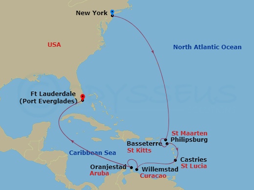 12 Night - Southern Caribbean Islander - Majestic Princess - Starting in New York City (Manhattan or Brooklyn), New York, St Maarten, St Kitts, St Lucia, Curacao, Aruba, Fort Lauderdale, Florida itinerary map