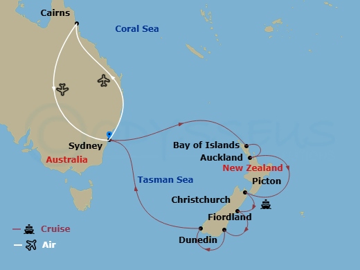 18 Night - Tropical Highlights - Tour 2B - Royal Princess Tours - Starting in Sydney AU, Cairns, Australia, Sydney AU, Bay of Islands, New Zealand, Auckland, New Zealand, Picton, New Zealand, Christchurch (Lyttelton), New Zealand, Dunedin (Port Chalmers), New Zealand, Fiordland National Park (Scenic Cruising), Sydney AU itinerary map