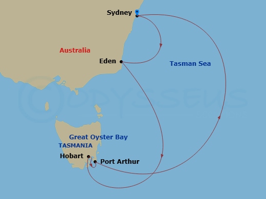 6 Night - Australia / New Zealand Roundtrip from Sydney - Royal Princess - Starting in Sydney AU, Eden, Australia, Great Oyster Bay and Freycinet Peninsula (Scenic Cruising), Hobart, Australia, Port Arthur, Australia, Sydney AU itinerary map