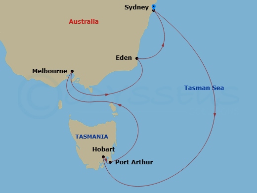 8 Night - Australia / New Zealand Roundtrip from Sydney - Royal Princess - Starting in Sydney AU, Hobart, Australia, Port Arthur, Australia, Melbourne, Australia, Eden, Australia, Sydney AU itinerary map