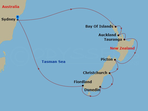 14 Night - New Zealand - Royal Princess - Starting in Sydney AU, Bay of Islands, New Zealand, Auckland, New Zealand, Tauranga, New Zealand, Picton, New Zealand, Christchurch (Lyttelton), New Zealand, Dunedin (Port Chalmers), New Zealand, Fiordland National Park (Scenic Cruising), Sydney AU itinerary map