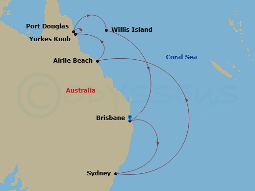 10 Night - Queensland with Great Barrier Reef - Royal Princess - Starting in Brisbane, Australia, Sydney AU, Airlie Beach, Australia, Yorkeys Knob (Cairns), Australia, Port Douglas, Australia, Willis Island, Australia, Brisbane, Australia itinerary map