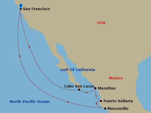 11 Night - Mexican Riviera Holiday - Ruby Princess - Starting in San Francisco, California, Manzanillo, Mexico, Puerto Vallarta, Mexico, Mazatlan, Mexico, Cabo San Lucas, Mexico, San Francisco, California itinerary map
