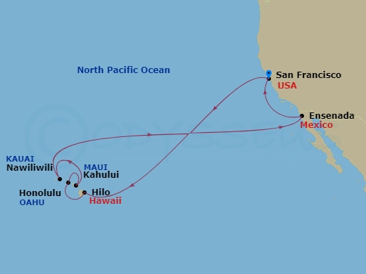 16 Night - Hawaiian Islands - Ruby Princess - Starting in San Francisco, California, Hilo, Hawaii, Honolulu, Hawaii, Kahului, Hawaii, Kauai (Nawiliwili), Hawaii, Ensenada, Mexico, San Francisco, California itinerary map