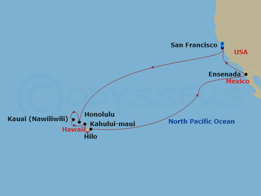 16 Night - Hawaiian Islands - Ruby Princess - Starting in San Francisco, California, Honolulu, Hawaii, Kauai (Nawiliwili), Hawaii, Kahului, Hawaii, Hilo, Hawaii, Ensenada, Mexico, San Francisco, California itinerary map