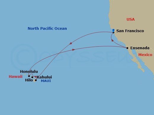 16 Night - Hawaiian Islands - Ruby Princess - Starting in San Francisco, California, Hilo, Hawaii, Kahului, Hawaii, Honolulu, Hawaii, Ensenada, Mexico, San Francisco, California itinerary map