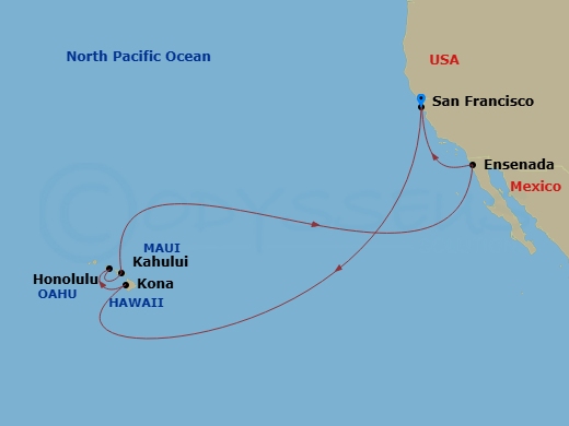16 Night - Hawaiian Islands - Ruby Princess - Starting in San Francisco, California, Kona, Hawaii, Honolulu, Hawaii, Kahului, Hawaii, Ensenada, Mexico, San Francisco, California itinerary map