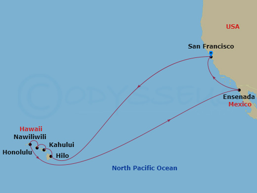 16 Night - Hawaiian Islands - Ruby Princess - Starting in San Francisco, California, Hilo, Hawaii, Kahului, Hawaii, Honolulu, Hawaii, Kauai (Nawiliwili), Hawaii, Ensenada, Mexico, San Francisco, California itinerary map