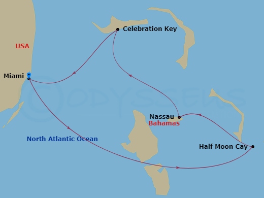 5 Night - Bahamas - Carnival Sunrise - Starting in Miami, Fl, Relaxaway, Half Moon Cay, Nassau, Bahamas, Celebration Key, the Bahamas, Miami, Fl itinerary map