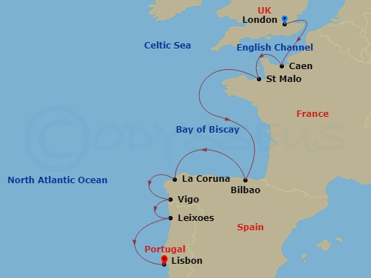 9 Night - London to Lisbon : Cruising Europe's Western Shores - with Smithsonian Journeys - Le Champlain - Starting in London, Caen, Saint-malo, Bilbao, La Coruna, Vigo / Santiago de Compostela, Leixoes / Porto, Lisbon itinerary map