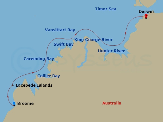 10 Night - Australia's Iconic Kimberley - Le Soleal - Starting in Broome, Lacepede Islands, Collier Bay, Careening Bay, Hunter River, Swift Bay, Vansittart Bay, King George River, Darwin itinerary map