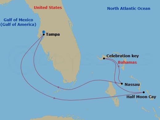 6 Night - Bahamas - Carnival Legend - Starting in Tampa, Fl, Relaxaway, Half Moon Cay, Celebration Key, the Bahamas, Nassau, Bahamas, Tampa, Fl itinerary map