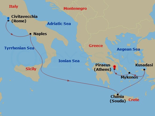 7 Night - Mediterranean with Italy & Turkey - Sun Princess - Starting in Civitavecchia (for Rome), Italy, Naples, Italy (for Capri and Pompeii), Crete (Chania), Greece, Kusadasi, Turkey (for Ephesus), Mykonos, Greece, Athens (Piraeus), Greece itinerary map