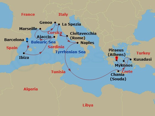 14 Night - Mediterranean with Greece, Italy & Turkey - Sun Princess - Starting in Barcelona, Spain, Ibiza, Spain, Corsica (Ajaccio), France, Marseille (Provence), France, Genoa (for Cinque Terre), Italy, La Spezia (for Florence / Pisa), Italy, Civitavecchia (for Rome), Italy, Naples, Italy (for Capri and Pompeii), Crete (Chania), Greece, Kusadasi, Turkey (for Ephesus), Mykonos, Greece, Athens (Piraeus), Greece itinerary map