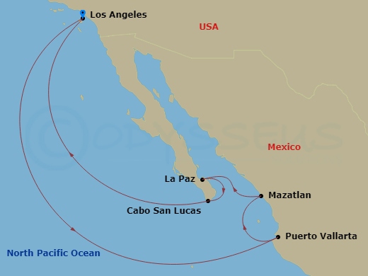 8 Night - Mexican Riviera - Carnival Panorama - Starting in Long Beach (Los Angeles), Ca, Puerto Vallarta, Mexico, Mazatlan, Mexico, La Paz, Mexico, Cabo San Lucas, Mexico, Long Beach (Los Angeles), Ca itinerary map
