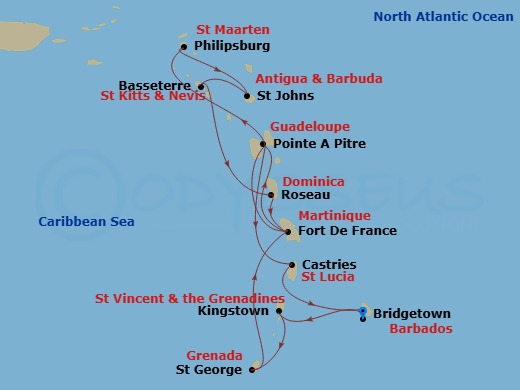 14 Night - South Caribbean - MSC World Asia - Starting in Bridgetown, Barbados, Kingstown, St Vincent and the Grenadines, Saint George, Grenada, Fort-de-France, Martinique, Pointe-A-Pitre, Guadeloupe, Philipsburg, St Maarten, St Johns AG, Antigua, Basseterre, St Kitts and Nevis, Roseau, Dominica, Fort-de-France, Martinique, Pointe-A-Pitre, Guadeloupe, Castries, Saint Lucia, Bridgetown, Barbados itinerary map