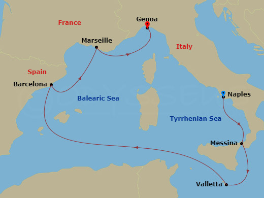 6 Night - Mediterranean - MSC Magnifica - Starting in Naples (Pompeii), Italy, Messina (Taormina), Italy, La Valletta, Malta, Barcelona, Spain, Marseille (Provence), France, Genoa (Portofino), Italy itinerary map