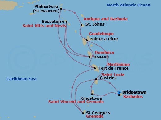 14 Night - South Caribbean - MSC World Asia - Starting in Bridgetown, Barbados, Kingstown, St Vincent and the Grenadines, Castries, Saint Lucia, Saint George, Grenada, Fort-de-France, Martinique, Pointe-A-Pitre, Guadeloupe, St Johns AG, Antigua, Philipsburg, St Maarten, Roseau, Dominica, Basseterre, St Kitts and Nevis, Fort-de-France, Martinique, Pointe-A-Pitre, Guadeloupe, Castries, Saint Lucia, Bridgetown, Barbados itinerary map