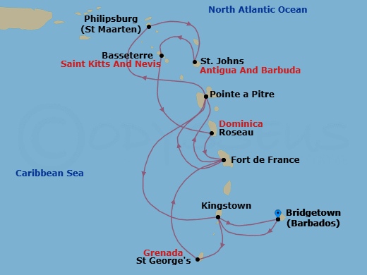 14 Night - South Caribbean - MSC World Asia - Starting in Bridgetown, Barbados, Kingstown, St Vincent and the Grenadines, Saint George, Grenada, Fort-de-France, Martinique, Pointe-A-Pitre, Guadeloupe, Philipsburg, St Maarten, St Johns AG, Antigua, Basseterre, St Kitts and Nevis, Roseau, Dominica, Fort-de-France, Martinique, Pointe-A-Pitre, Guadeloupe, Kingstown, St Vincent and the Grenadines, Bridgetown, Barbados itinerary map