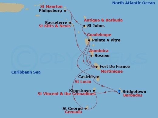 14 Night - South Caribbean - MSC World Asia - Starting in Bridgetown, Barbados, Kingstown, St Vincent and the Grenadines, Saint George, Grenada, Fort-de-France, Martinique, Pointe-A-Pitre, Guadeloupe, St Johns AG, Antigua, Philipsburg, St Maarten, Basseterre, St Kitts and Nevis, Roseau, Dominica, Fort-de-France, Martinique, Pointe-A-Pitre, Guadeloupe, Castries, Saint Lucia, Bridgetown, Barbados itinerary map