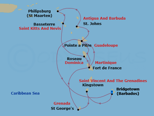 14 Night - South Caribbean - MSC World Asia - Starting in Bridgetown, Barbados, Kingstown, St Vincent and the Grenadines, Saint George, Grenada, Fort-de-France, Martinique, Pointe-A-Pitre, Guadeloupe, St Johns AG, Antigua, Philipsburg, St Maarten, Basseterre, St Kitts and Nevis, Roseau, Dominica, Fort-de-France, Martinique, Pointe-A-Pitre, Guadeloupe, Bridgetown, Barbados itinerary map