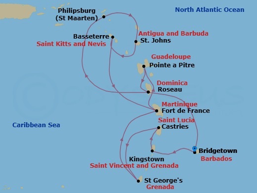 14 Night - South Caribbean - MSC World Asia - Starting in Bridgetown, Barbados, Kingstown, St Vincent and the Grenadines, Castries, Saint Lucia, Saint George, Grenada, Fort-de-France, Martinique, Pointe-A-Pitre, Guadeloupe, Roseau, Dominica, Philipsburg, St Maarten, St Johns AG, Antigua, Basseterre, St Kitts and Nevis, Fort-de-France, Martinique, Pointe-A-Pitre, Guadeloupe, Roseau, Dominica, Bridgetown, Barbados itinerary map