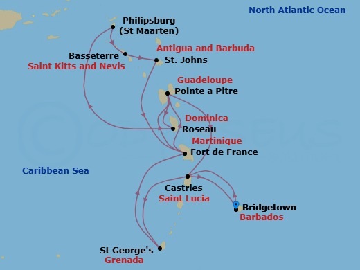14 Night - South Caribbean - MSC World Asia - Starting in Bridgetown, Barbados, Castries, Saint Lucia, Saint George, Grenada, Fort-de-France, Martinique, Pointe-A-Pitre, Guadeloupe, Roseau, Dominica, Philipsburg, St Maarten, Basseterre, St Kitts and Nevis, St Johns AG, Antigua, Fort-de-France, Martinique, Pointe-A-Pitre, Guadeloupe, Castries, Saint Lucia, Bridgetown, Barbados itinerary map